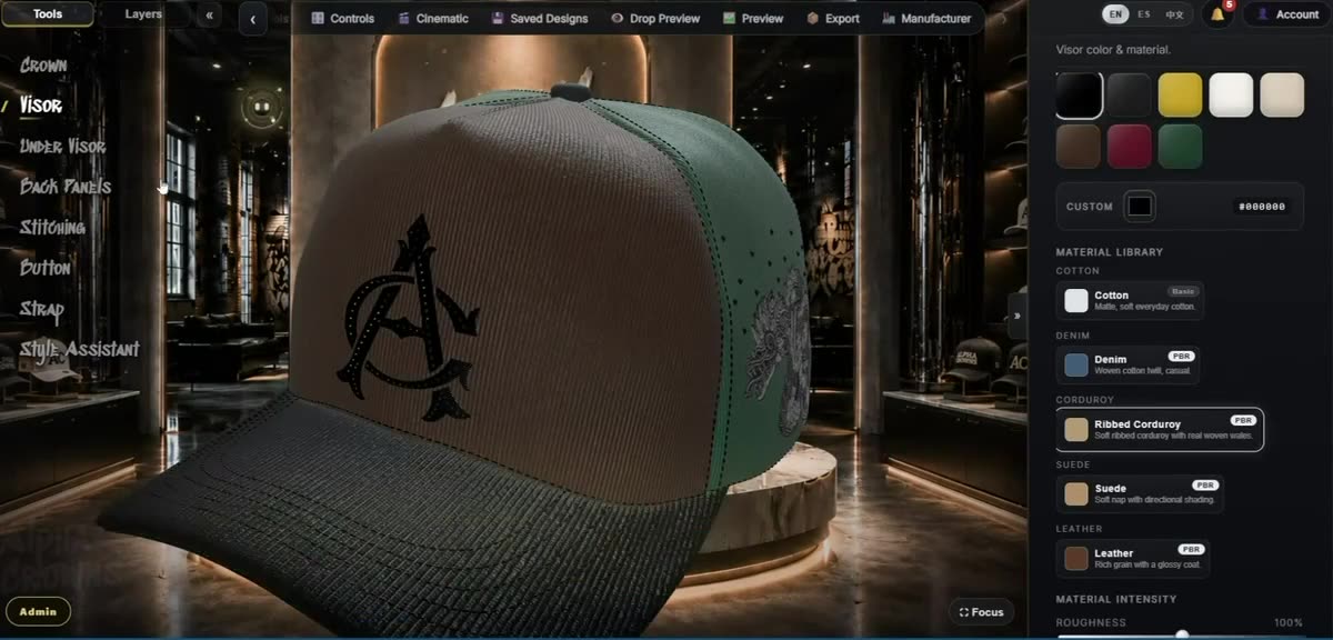 The Alpha Crowns Studio 3D hat designer showing a cap with materials and panel colors being customized in real time.
