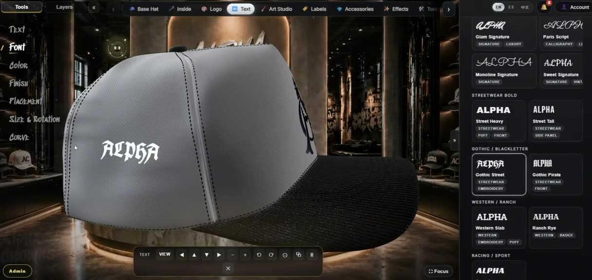 Lettering with embroidery-style finishes previewed on a cap in the Alpha Crowns Studio 3D hat designer.